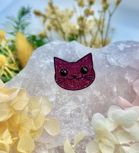 Glittery Pink Cat Face Enamel Pin