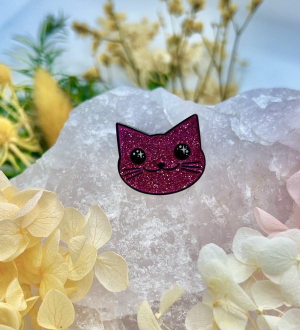 Glittery Pink Cat Face Enamel Pin
