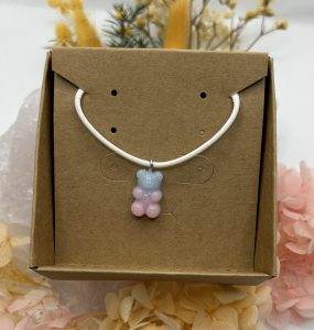 Pink and Blue Gummy Bear Necklace on White Cord