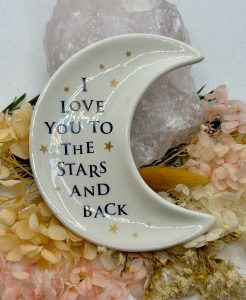 Ceramic moon-shaped trinket dish with ‘I Love You to the Moon and Back’ wording